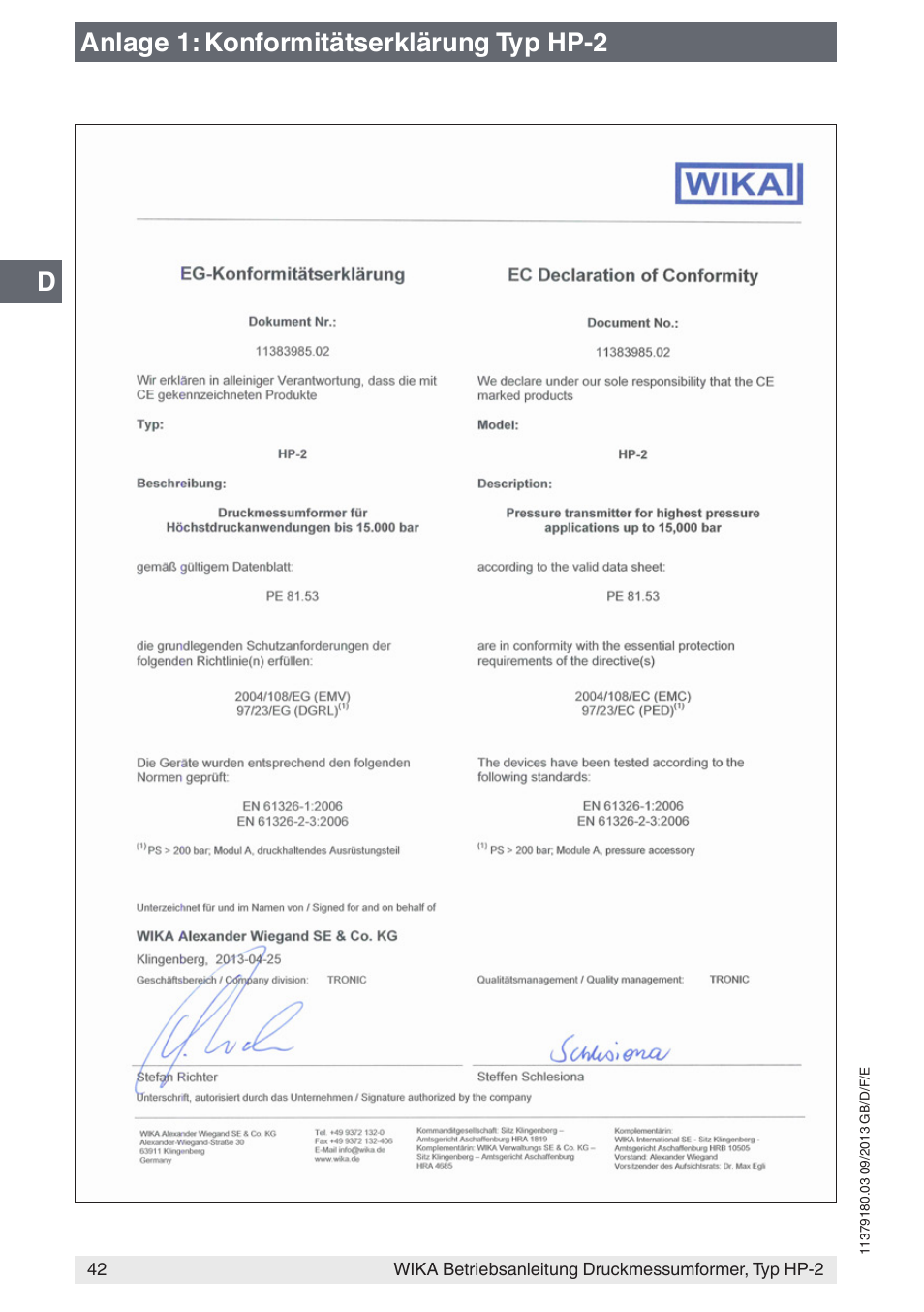Anlage 1: konformitätserklärung typ hp-2 | WIKA HP-2 User Manual | Page 42 / 84