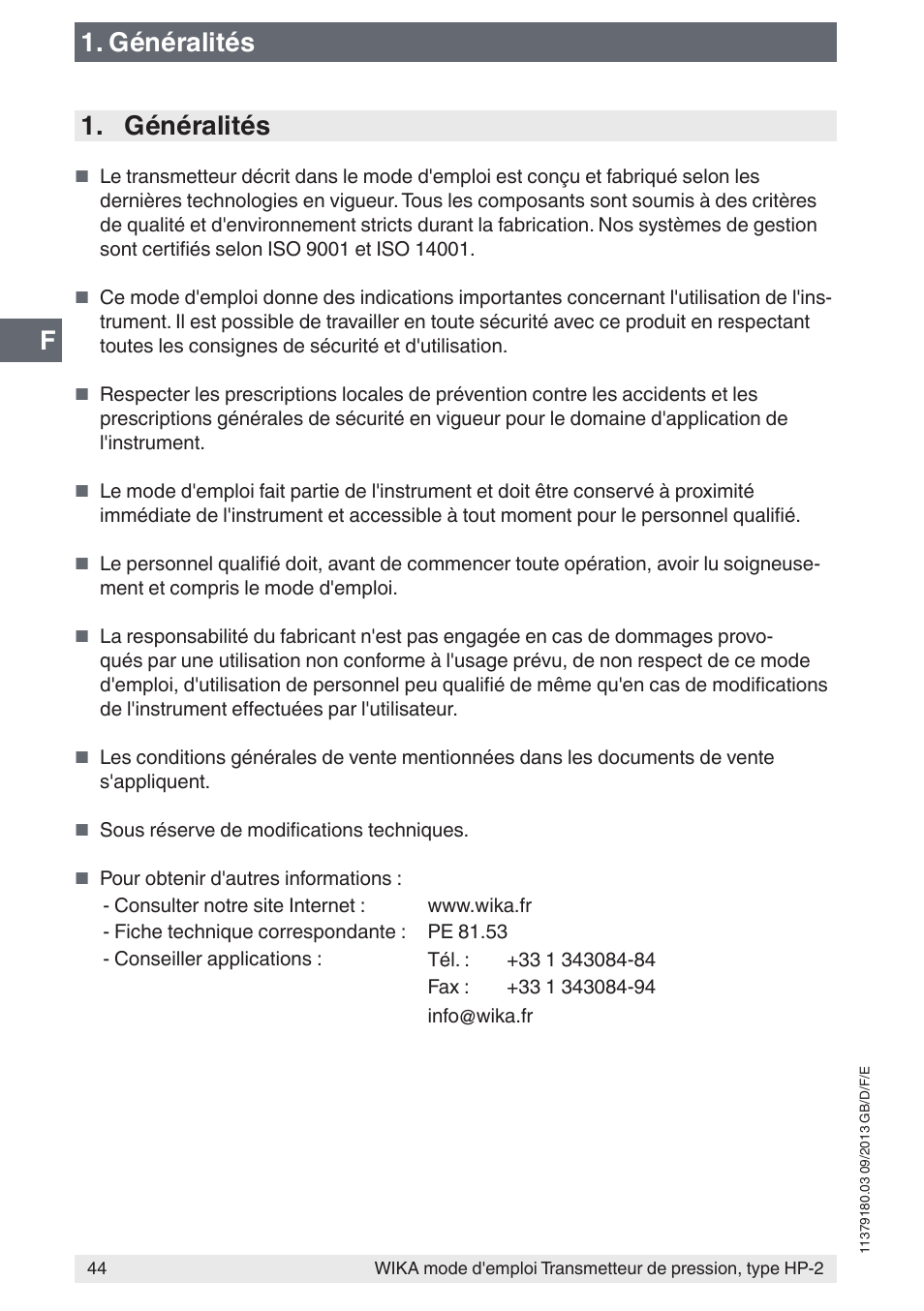 Généralités | WIKA HP-2 User Manual | Page 44 / 84