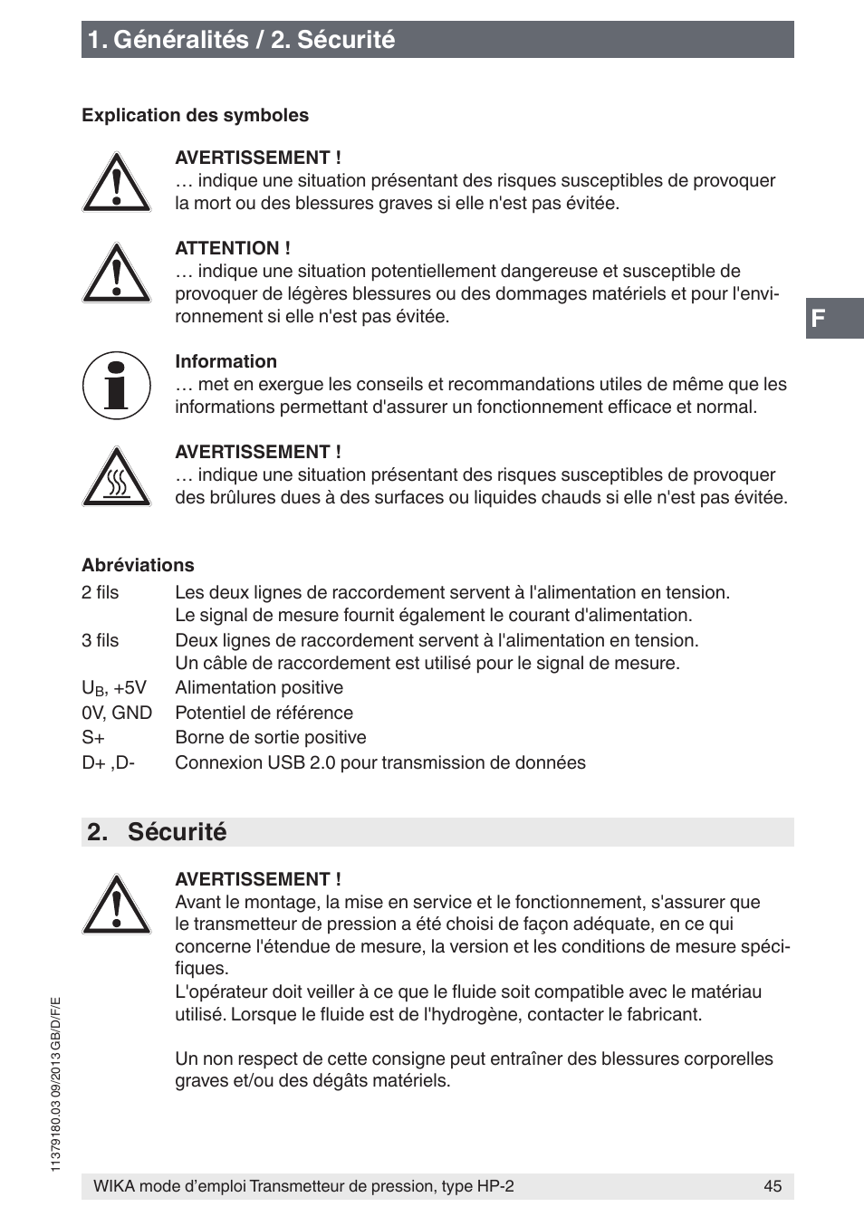 Généralités / 2. sécurité, Sécurité | WIKA HP-2 User Manual | Page 45 / 84