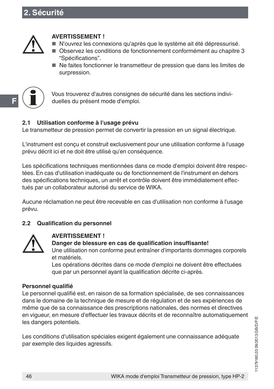 Sécurité | WIKA HP-2 User Manual | Page 46 / 84