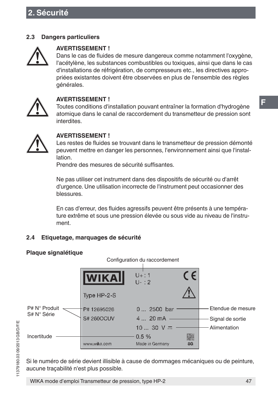 Sécurité | WIKA HP-2 User Manual | Page 47 / 84