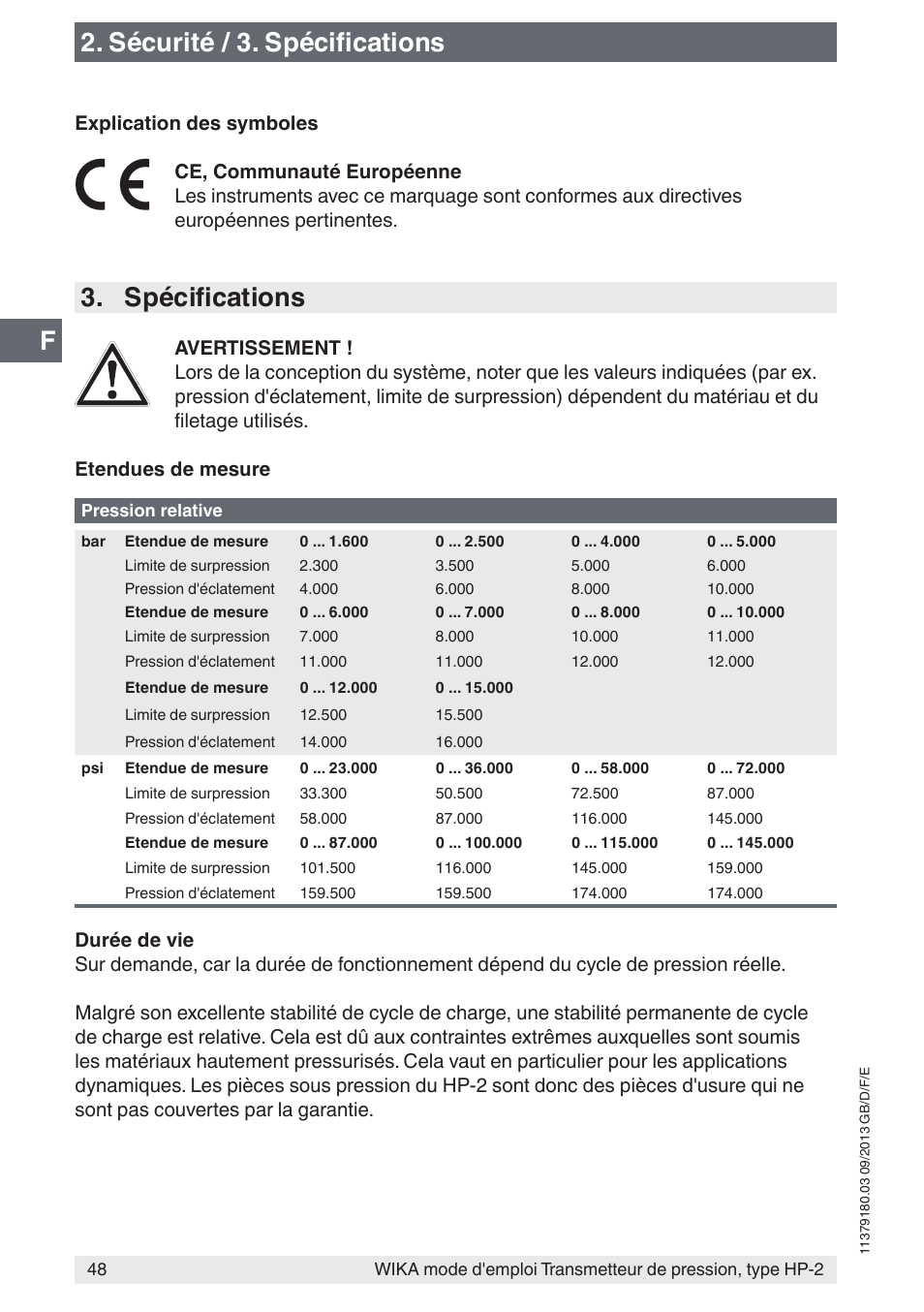 Sécurité / 3. spécifications, Spécifications | WIKA HP-2 User Manual | Page 48 / 84