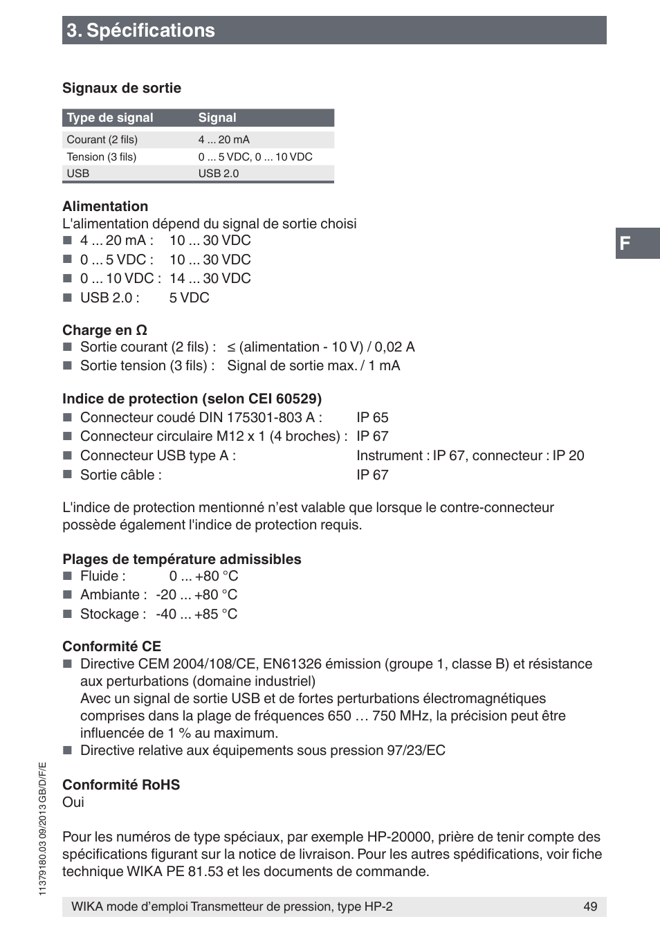 Spécifications | WIKA HP-2 User Manual | Page 49 / 84