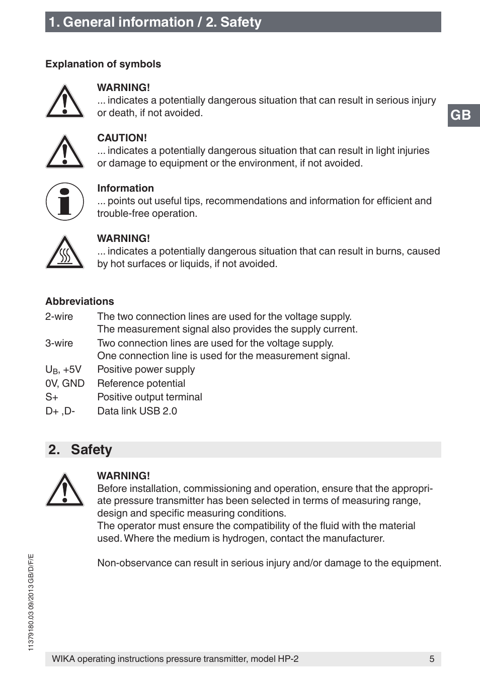 Gb 1. general information / 2. safety, Safety | WIKA HP-2 User Manual | Page 5 / 84