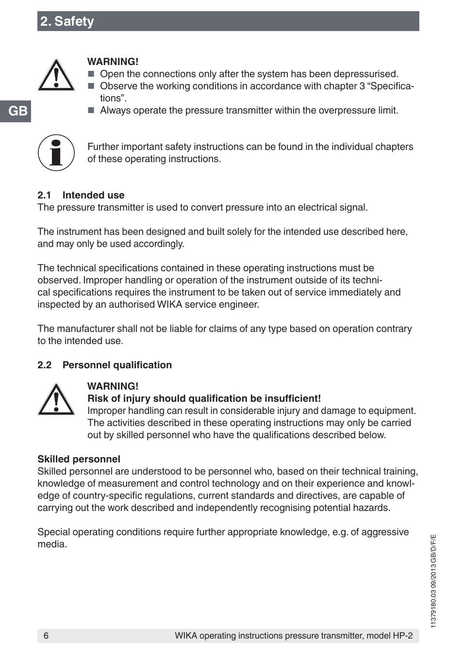 Gb 2. safety | WIKA HP-2 User Manual | Page 6 / 84