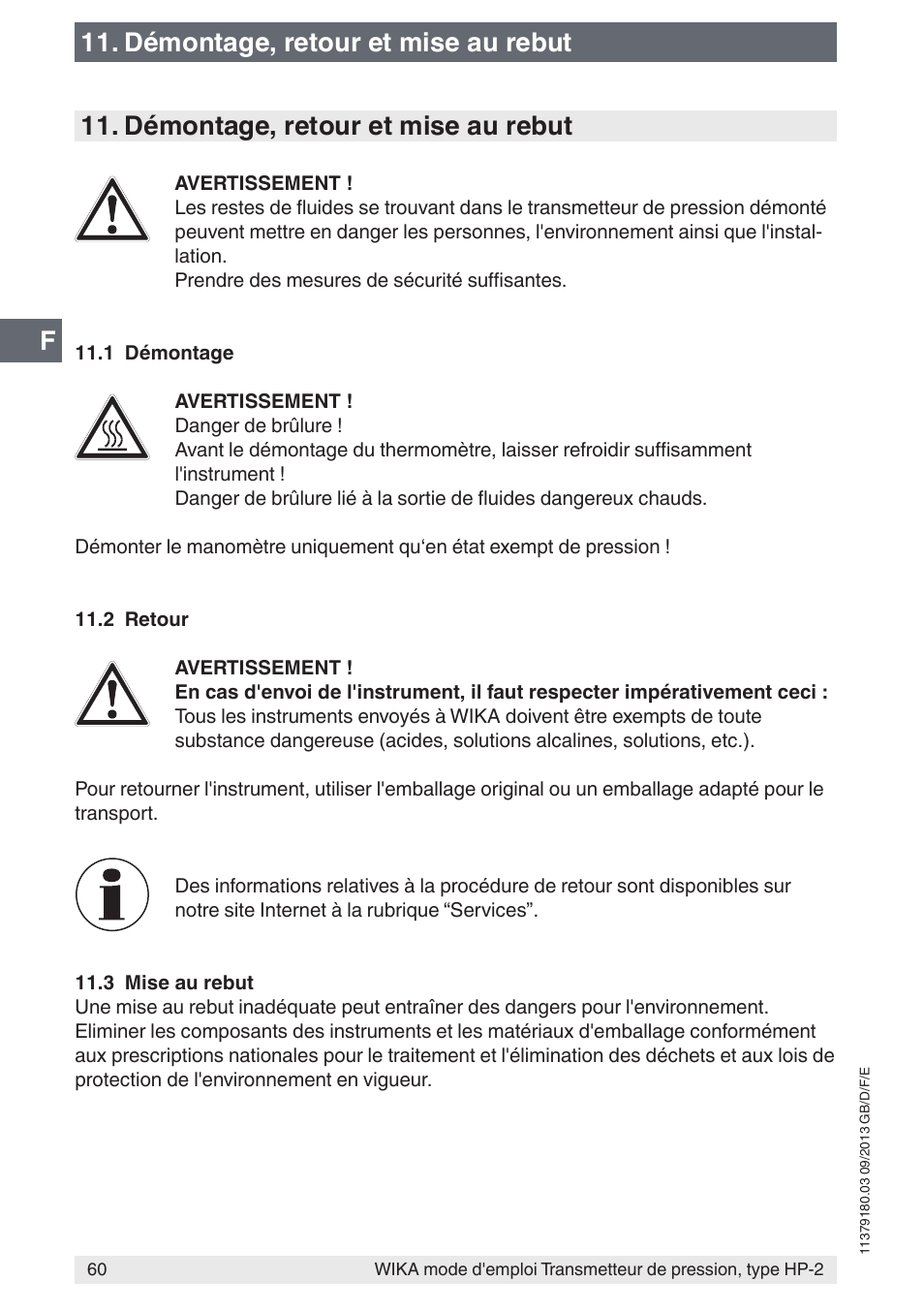 Démontage, retour et mise au rebut | WIKA HP-2 User Manual | Page 60 / 84