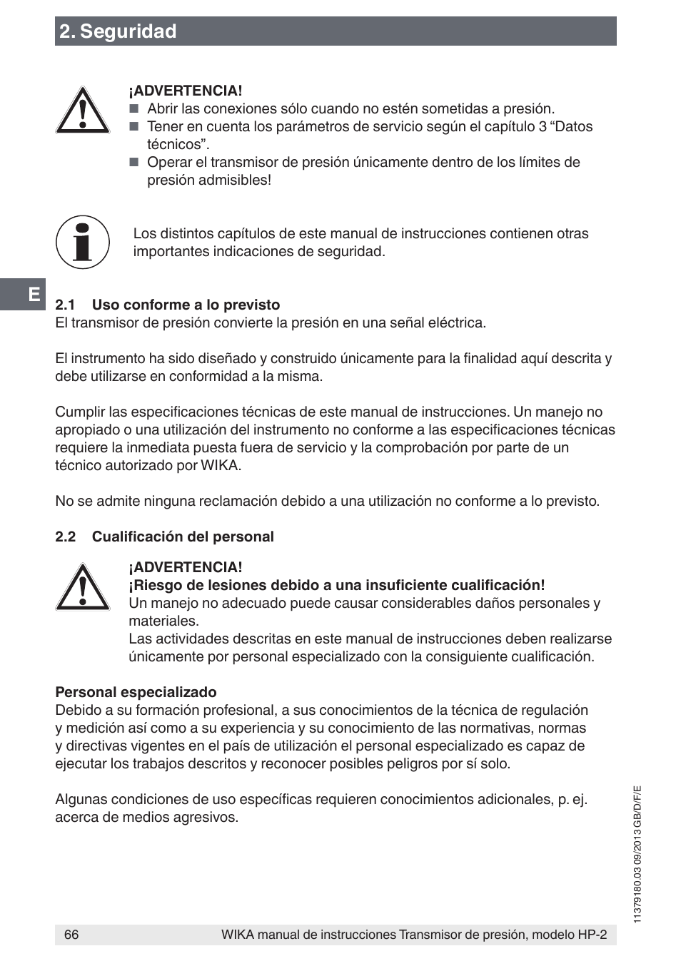 Seguridad | WIKA HP-2 User Manual | Page 66 / 84