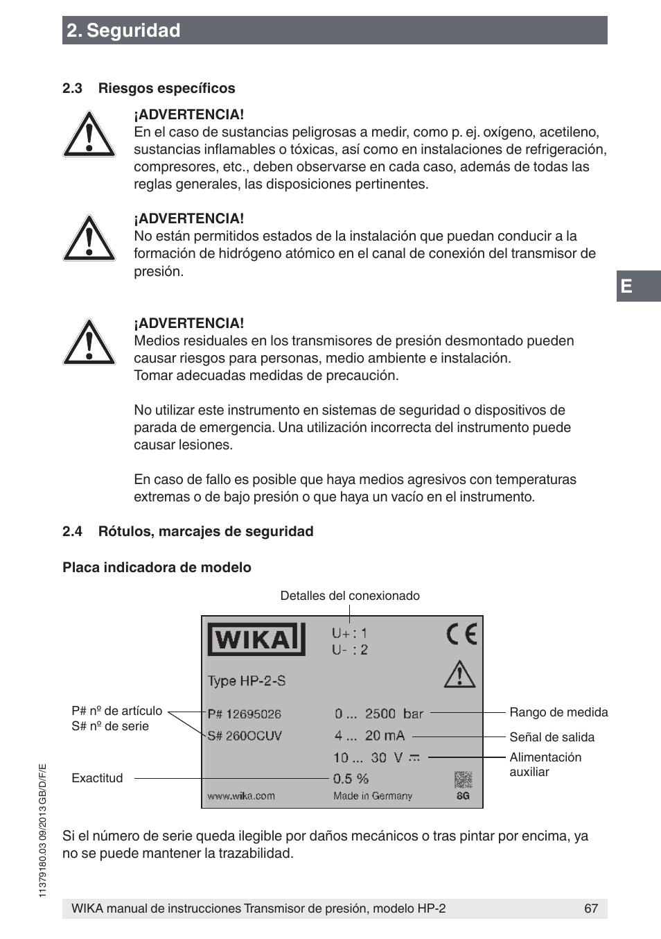 Seguridad | WIKA HP-2 User Manual | Page 67 / 84