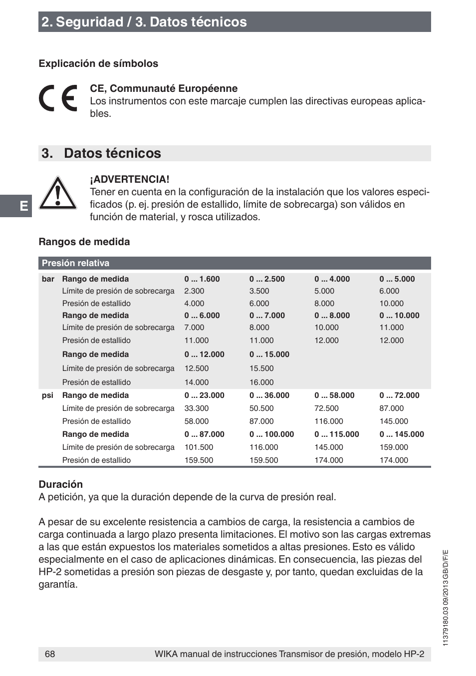 Seguridad / 3. datos técnicos, Datos técnicos | WIKA HP-2 User Manual | Page 68 / 84