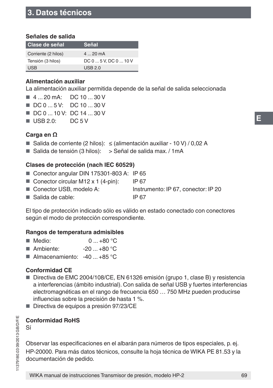 Datos técnicos | WIKA HP-2 User Manual | Page 69 / 84