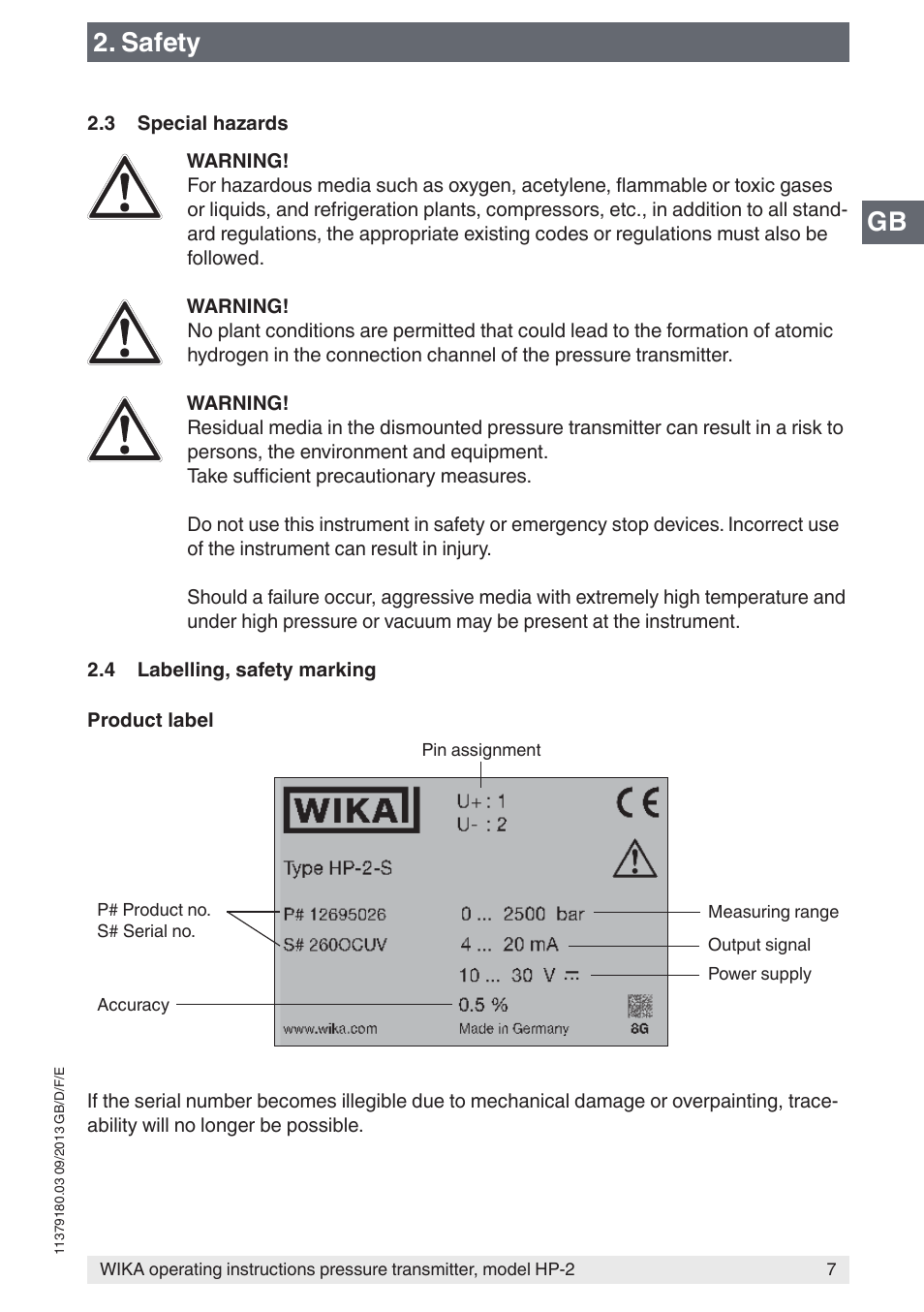 Gb 2. safety | WIKA HP-2 User Manual | Page 7 / 84