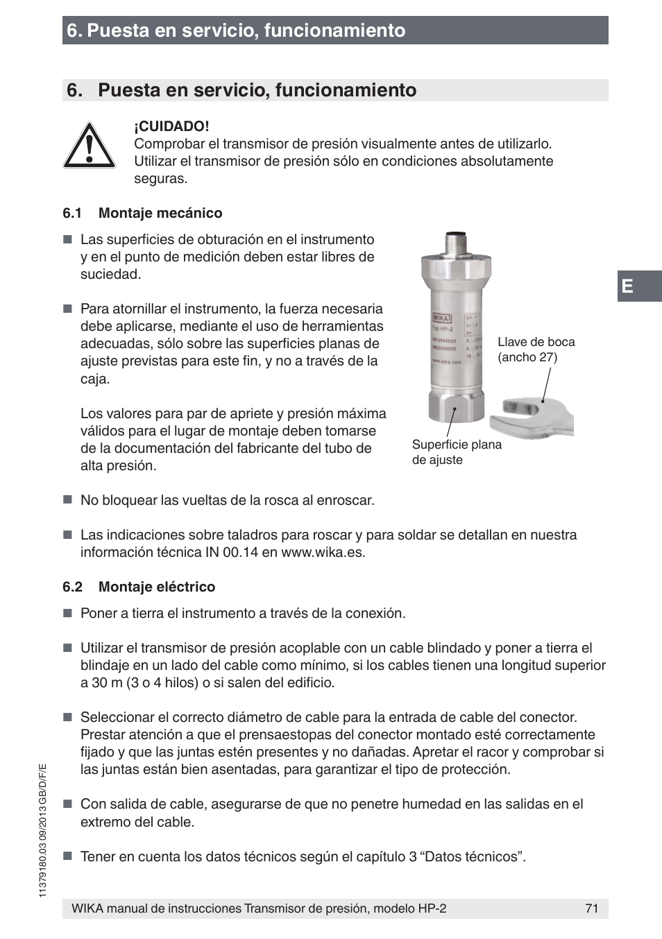Puesta en servicio, funcionamiento | WIKA HP-2 User Manual | Page 71 / 84