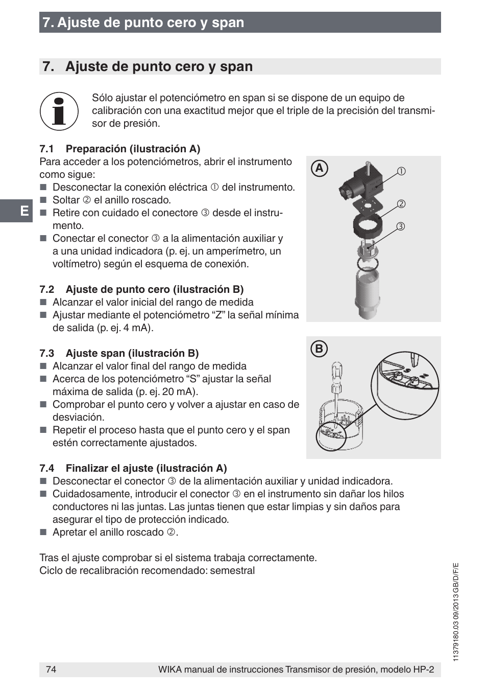 Ajuste de punto cero y span | WIKA HP-2 User Manual | Page 74 / 84