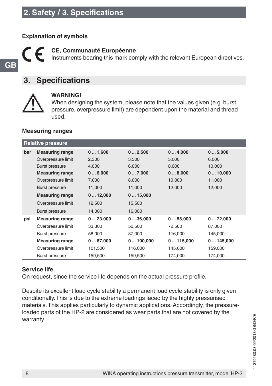 Gb 2. safety / 3. specifications, Specifications | WIKA HP-2 User Manual | Page 8 / 84