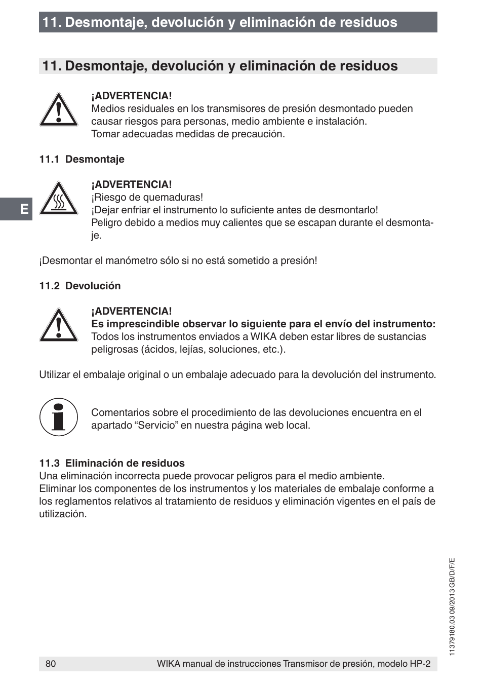 Desmontaje, devolución y eliminación de residuos | WIKA HP-2 User Manual | Page 80 / 84