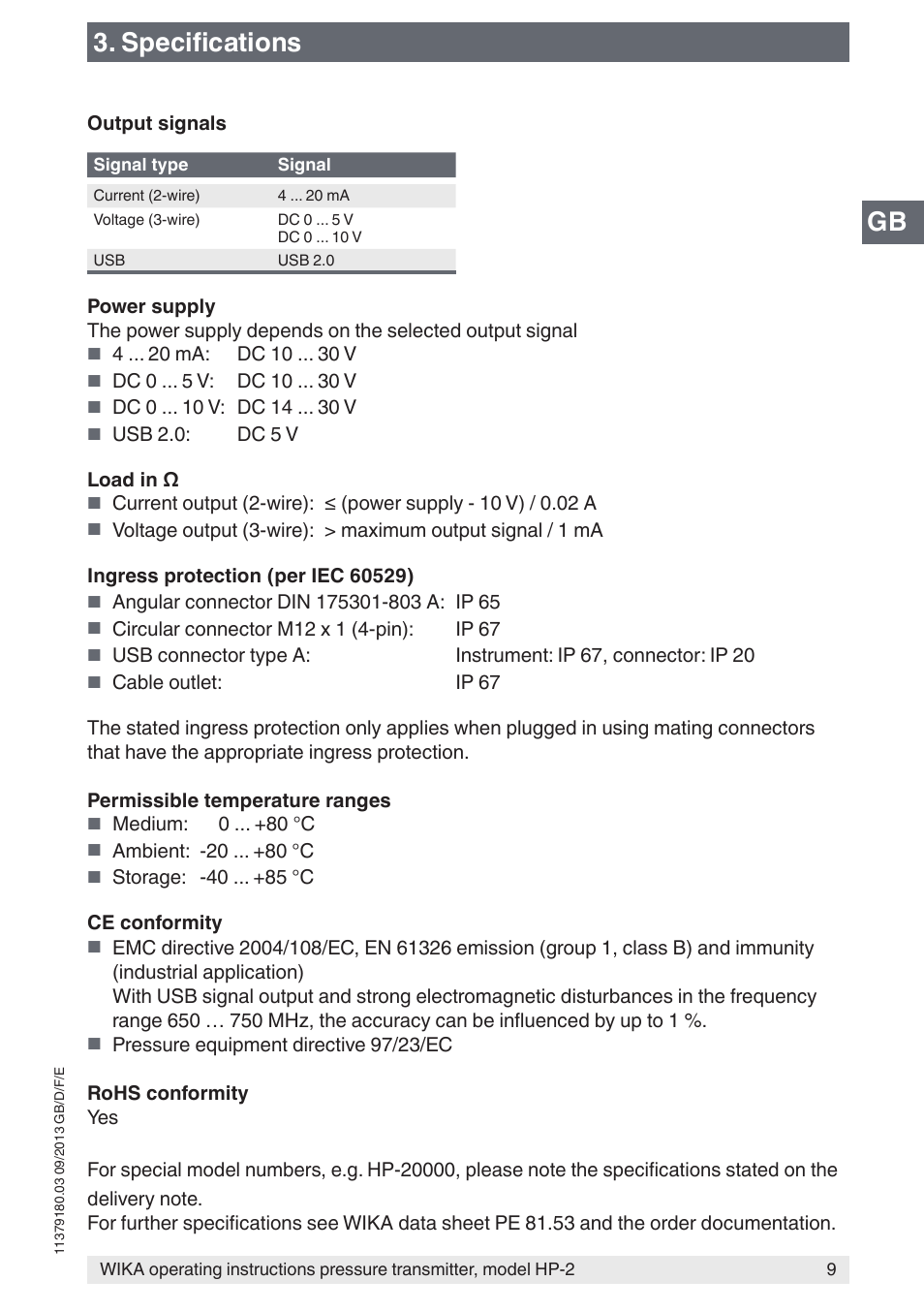 Gb 3. specifications | WIKA HP-2 User Manual | Page 9 / 84