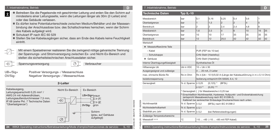 Technische daten typ il-10, Leiter | WIKA IL-10 User Manual | Page 13 / 31
