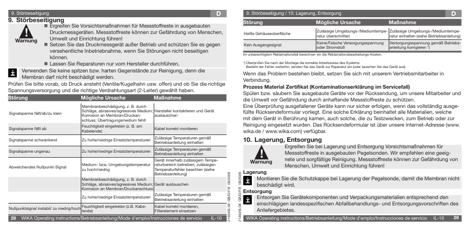 Lagerung, entsorgung, Störbeseitigung | WIKA IL-10 User Manual | Page 15 / 31