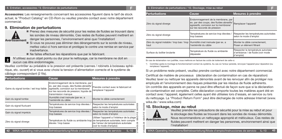F. elimination de perturbations, Stockage, mise au rebut | WIKA IL-10 User Manual | Page 22 / 31