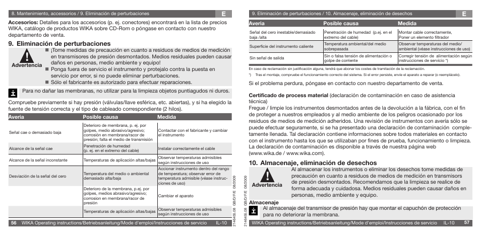 Almacenaje, eliminación de desechos, Eliminación de perturbaciones | WIKA IL-10 User Manual | Page 29 / 31