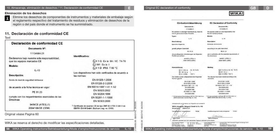Declaración de conformidad ce, Gb d | WIKA IL-10 User Manual | Page 30 / 31