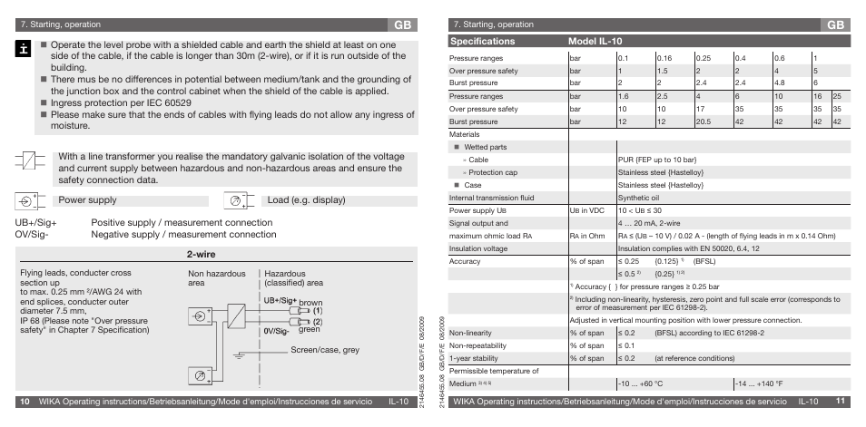 Specifications model il-10, Wire | WIKA IL-10 User Manual | Page 6 / 31