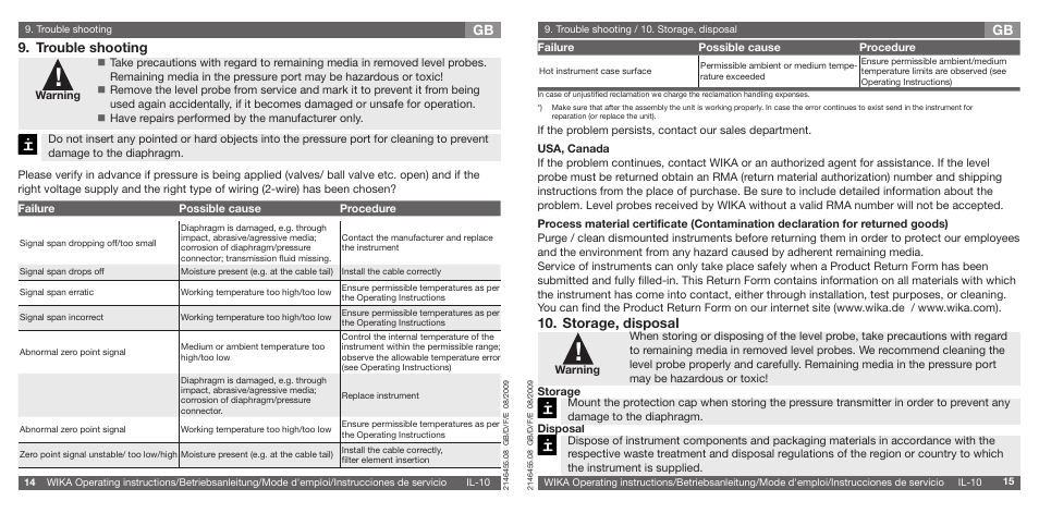 Storage, disposal, Trouble shooting | WIKA IL-10 User Manual | Page 8 / 31