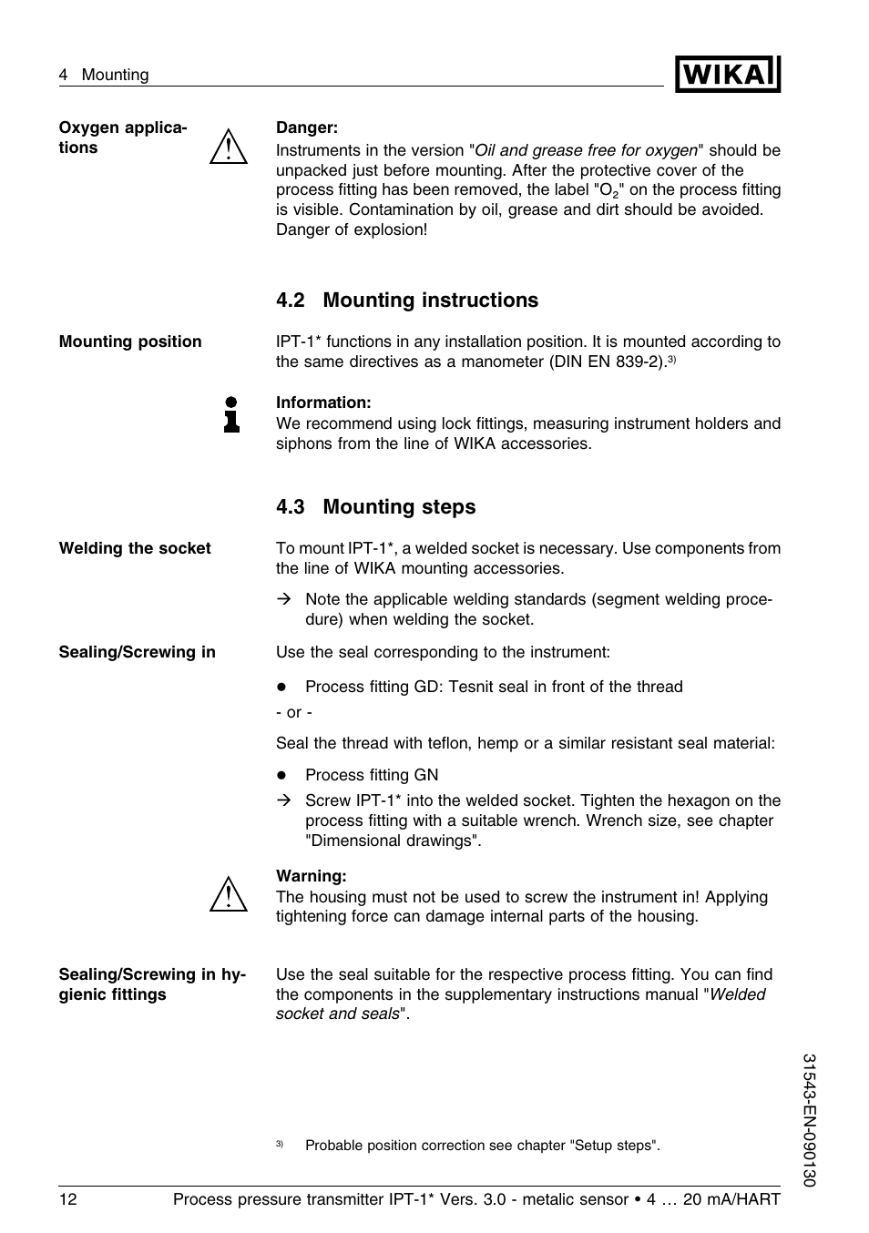 2 mounting instructions, 3 mounting steps | WIKA IPT-11 User Manual | Page 12 / 56