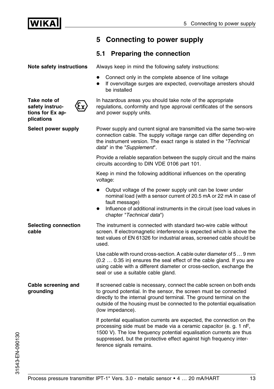 5 connecting to power supply, 1 preparing the connection, 5connecting to power supply | WIKA IPT-11 User Manual | Page 13 / 56