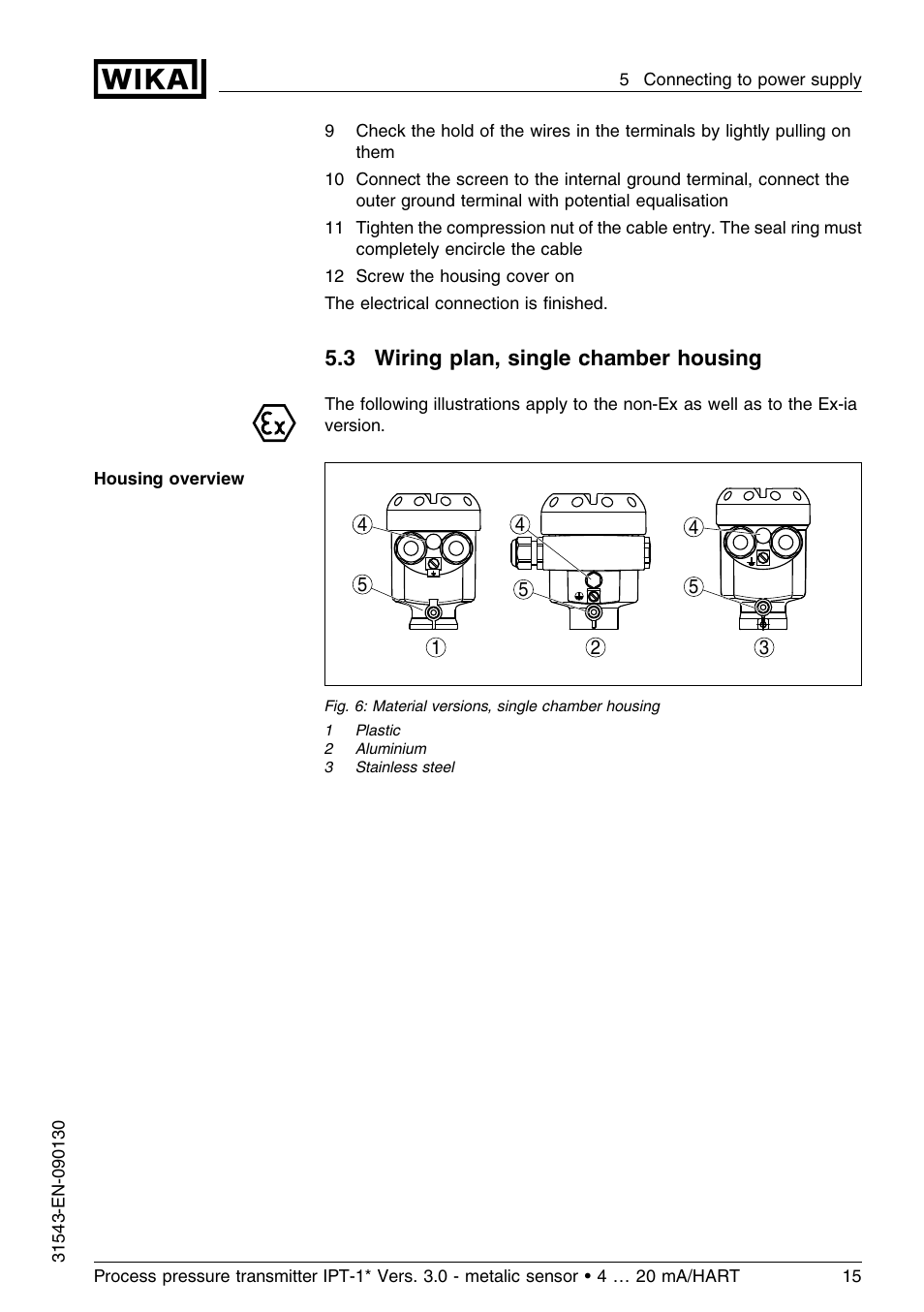 3 wiring plan, single chamber housing | WIKA IPT-11 User Manual | Page 15 / 56
