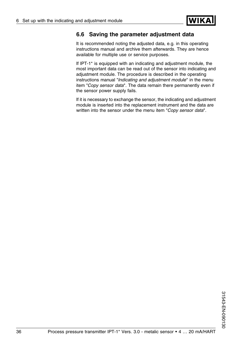 6 saving the parameter adjustment data | WIKA IPT-11 User Manual | Page 36 / 56