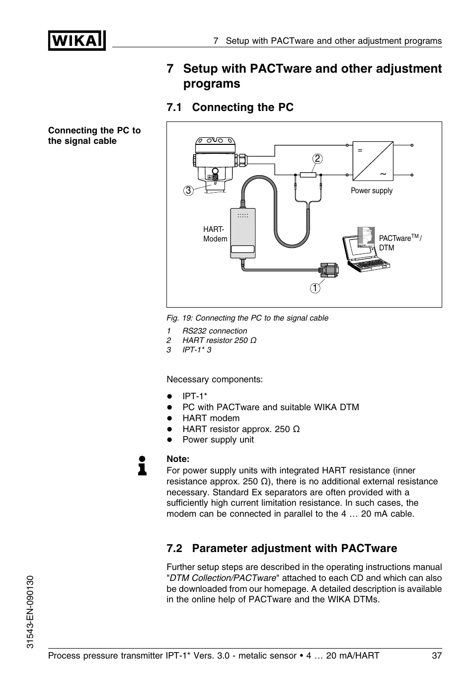 1 connecting the pc, 2 parameter adjustment with pactware, 7setup with pactware and other adjustment programs | WIKA IPT-11 User Manual | Page 37 / 56