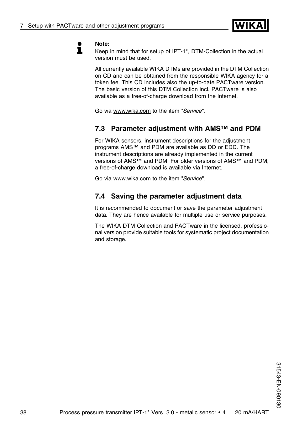 3 parameter adjustment with ams™ and pdm, 4 saving the parameter adjustment data | WIKA IPT-11 User Manual | Page 38 / 56