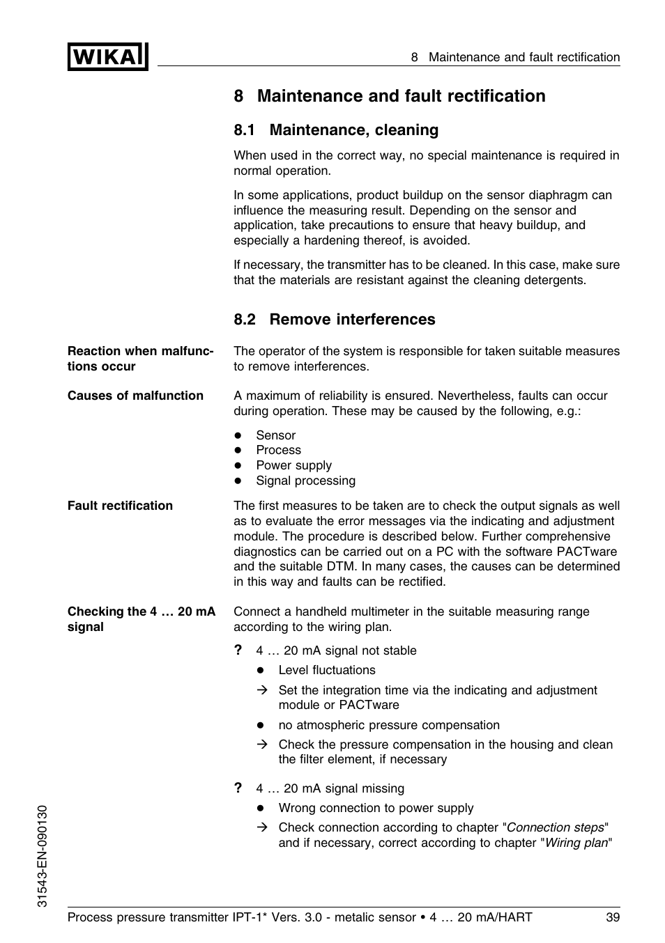 8 maintenance and fault rectification, 1 maintenance, cleaning, 2 remove interferences | 8maintenance and fault rectiﬁcation | WIKA IPT-11 User Manual | Page 39 / 56