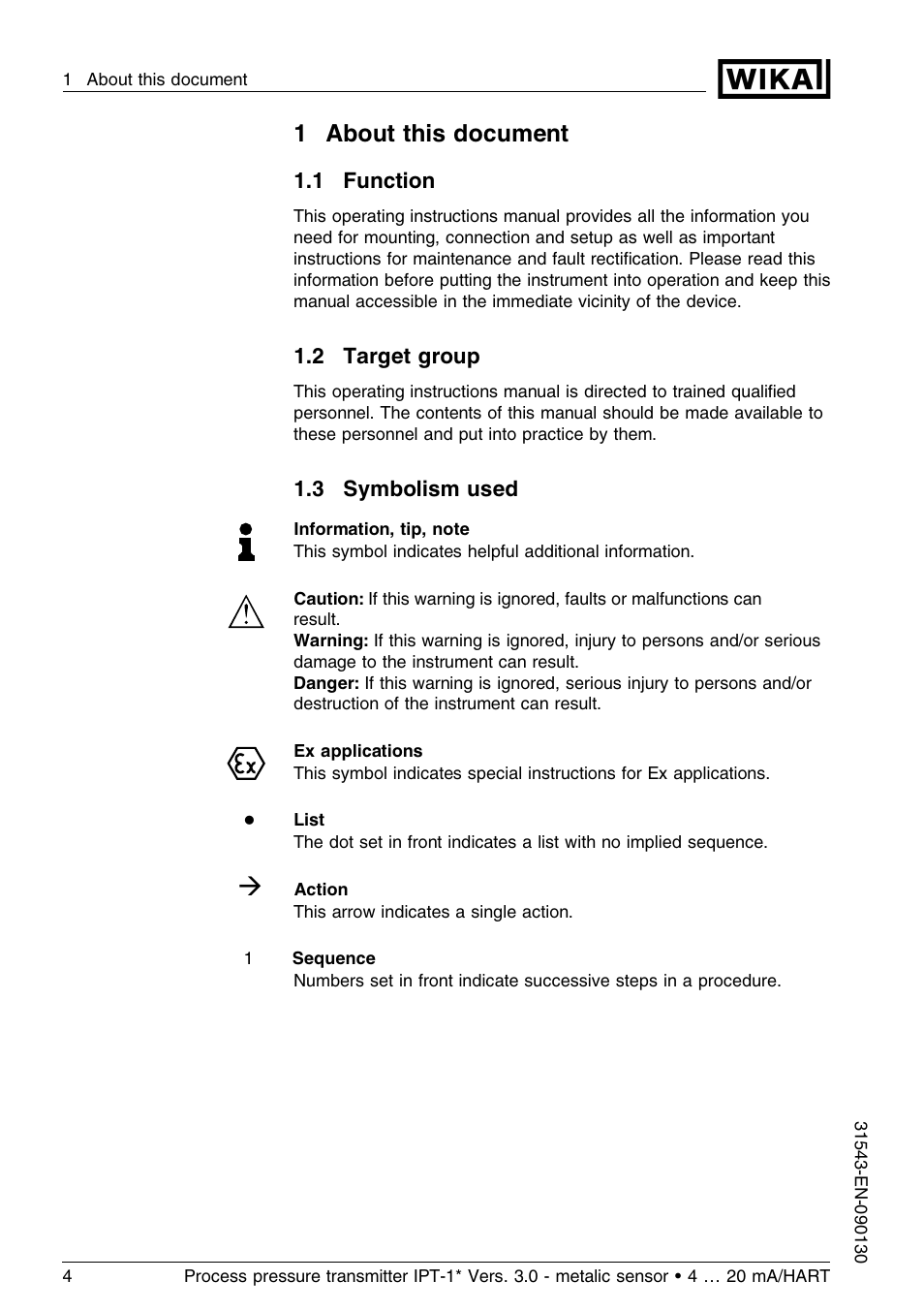 1 about this document, 1 function, 2 target group | 3 symbolism used, 1about this document | WIKA IPT-11 User Manual | Page 4 / 56