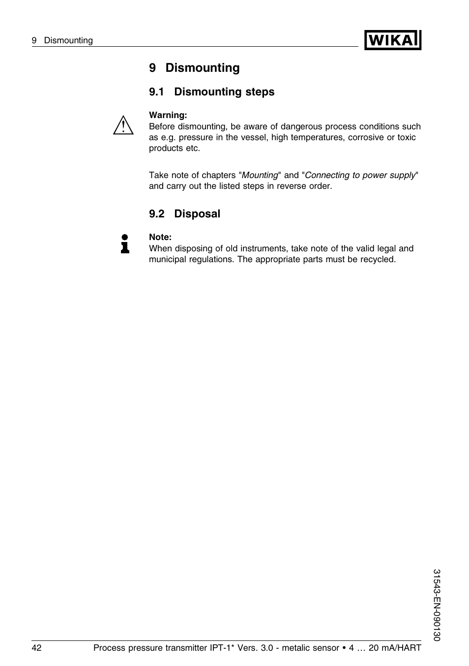 9 dismounting, 1 dismounting steps, 2 disposal | 9dismounting | WIKA IPT-11 User Manual | Page 42 / 56