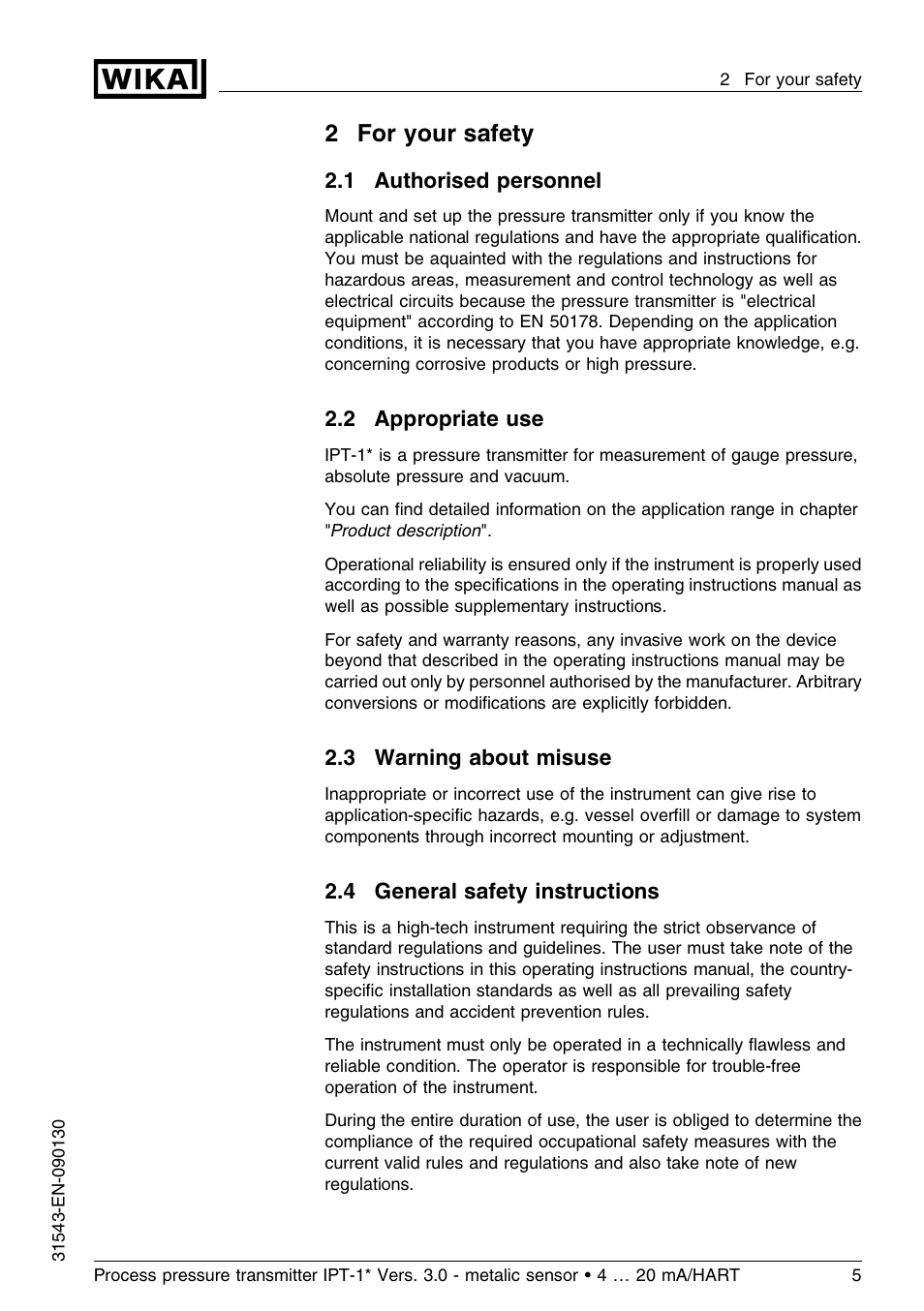 2 for your safety, 1 authorised personnel, 2 appropriate use | 3 warning about misuse, 4 general safety instructions, 2for your safety | WIKA IPT-11 User Manual | Page 5 / 56