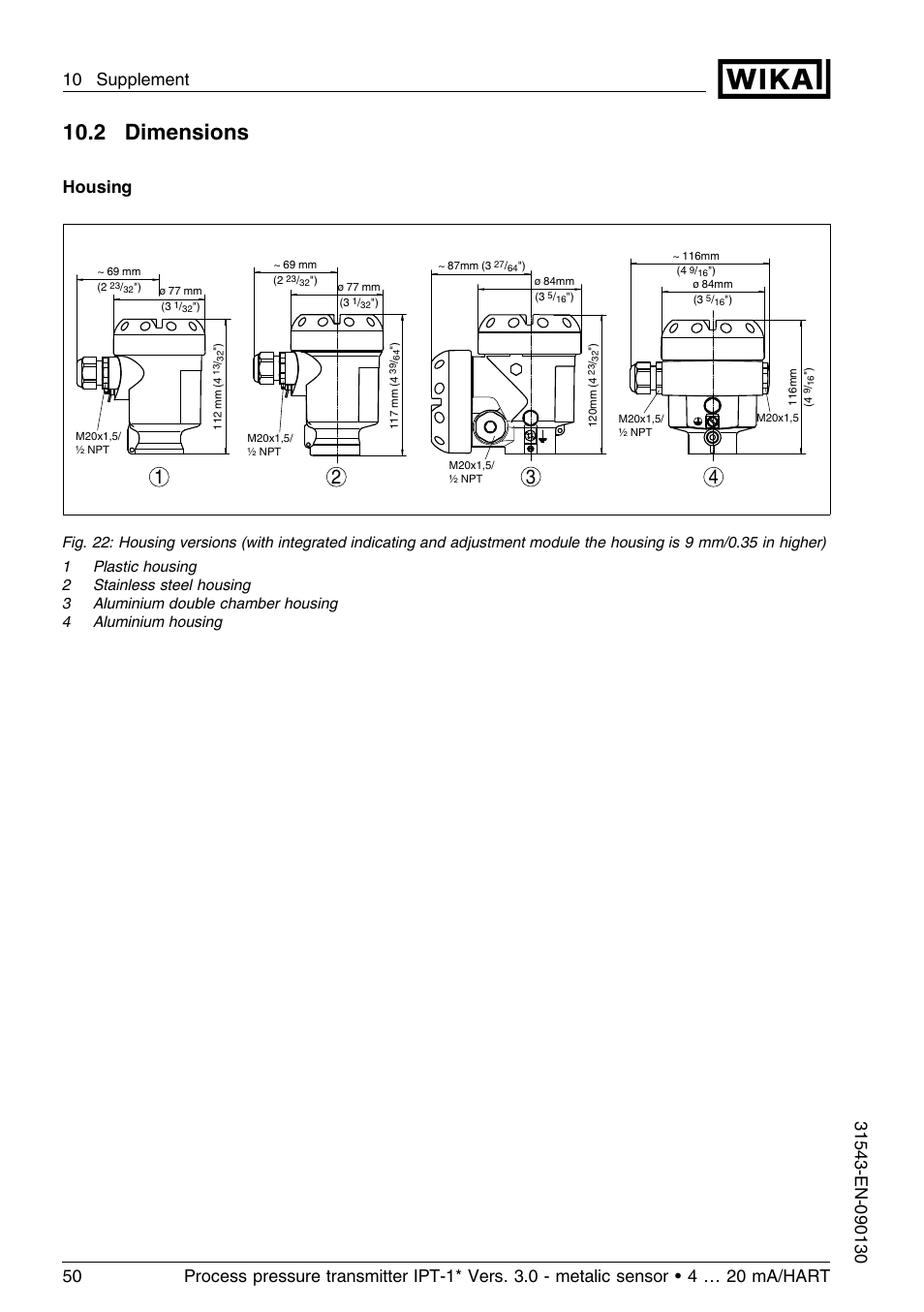 2 dimensions, 10 .2 dimensions, Housing | WIKA IPT-11 User Manual | Page 50 / 56