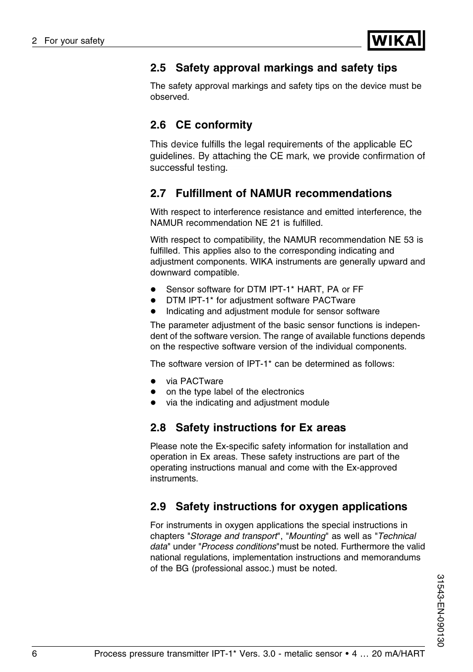 5 safety approval markings and safety tips, 6 ce conformity, 7 fulfillment of namur recommendations | 8 safety instructions for ex areas, 9 safety instructions for oxygen applications | WIKA IPT-11 User Manual | Page 6 / 56