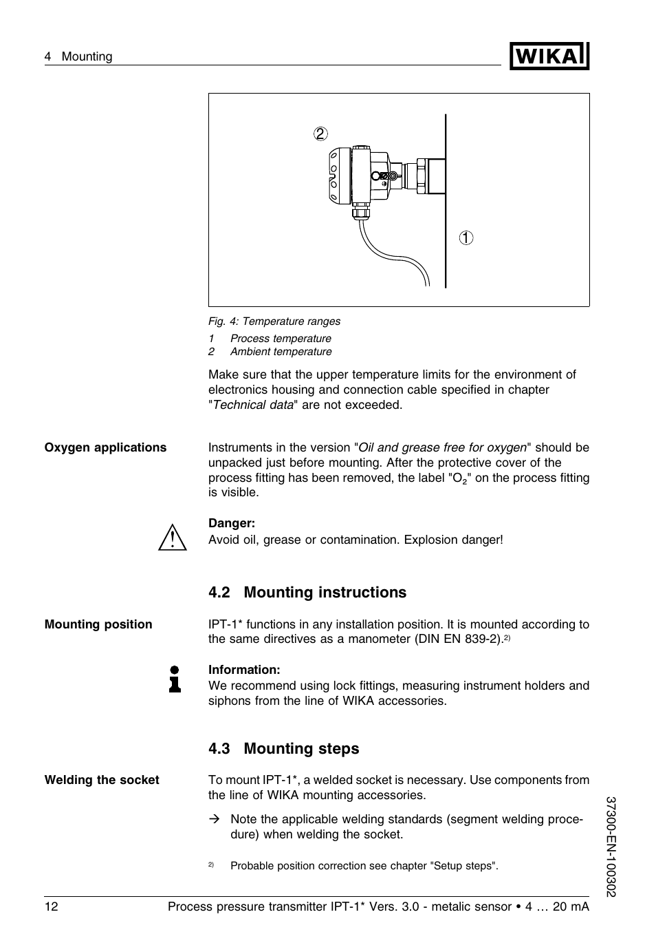 2 mounting instructions, 3 mounting steps | WIKA IPT-11 User Manual | Page 12 / 48