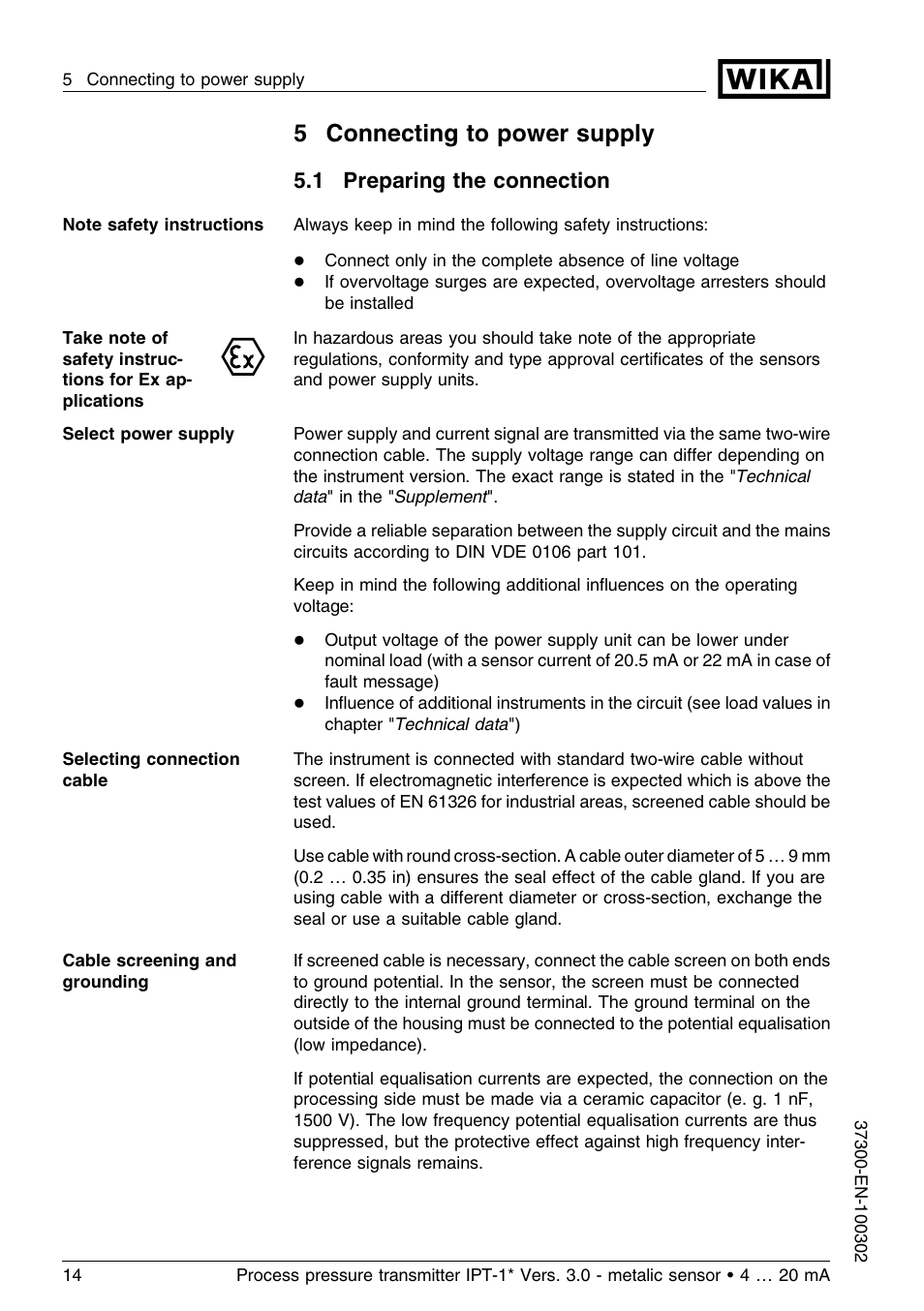 5 connecting to power supply, 1 preparing the connection, 5connecting to power supply | WIKA IPT-11 User Manual | Page 14 / 48