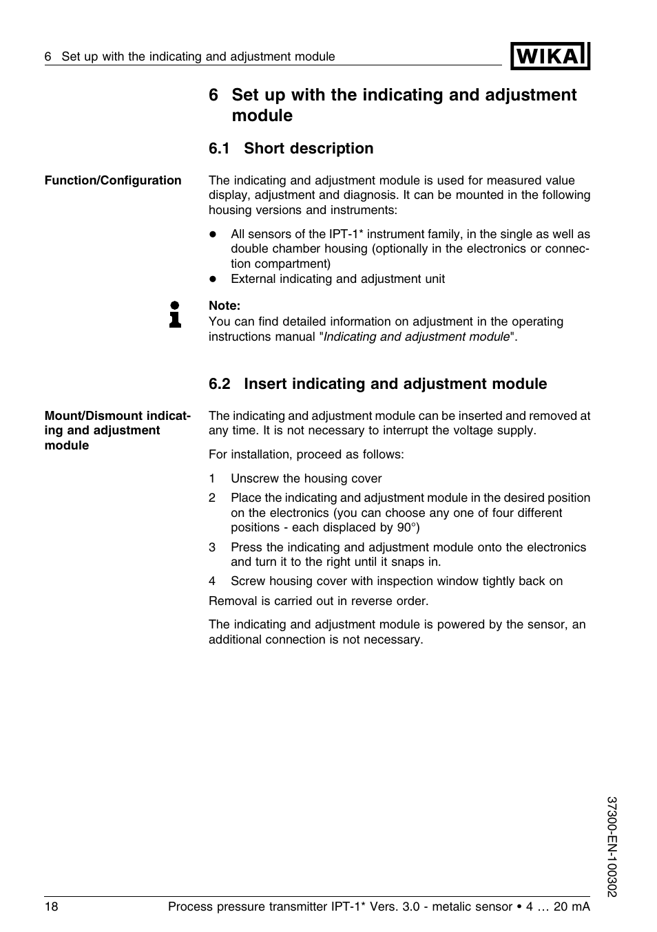 6 set up with the indicating and adjustment module, 1 short description, 2 insert indicating and adjustment module | 6set up with the indicating and adjustment module | WIKA IPT-11 User Manual | Page 18 / 48