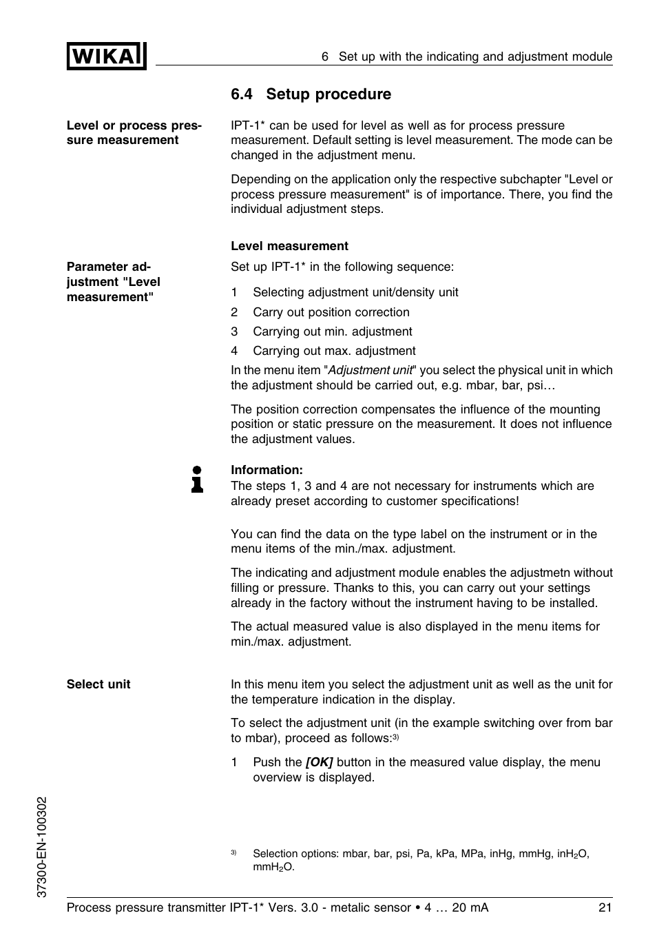 4 setup procedure | WIKA IPT-11 User Manual | Page 21 / 48