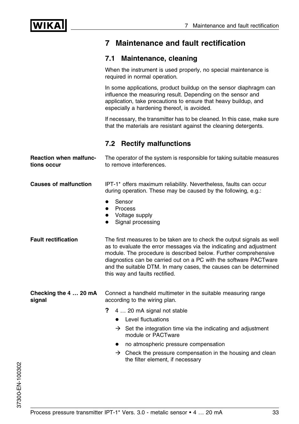 7 maintenance and fault rectification, 1 maintenance, cleaning, 2 rectify malfunctions | 7maintenance and fault rectiﬁcation | WIKA IPT-11 User Manual | Page 33 / 48