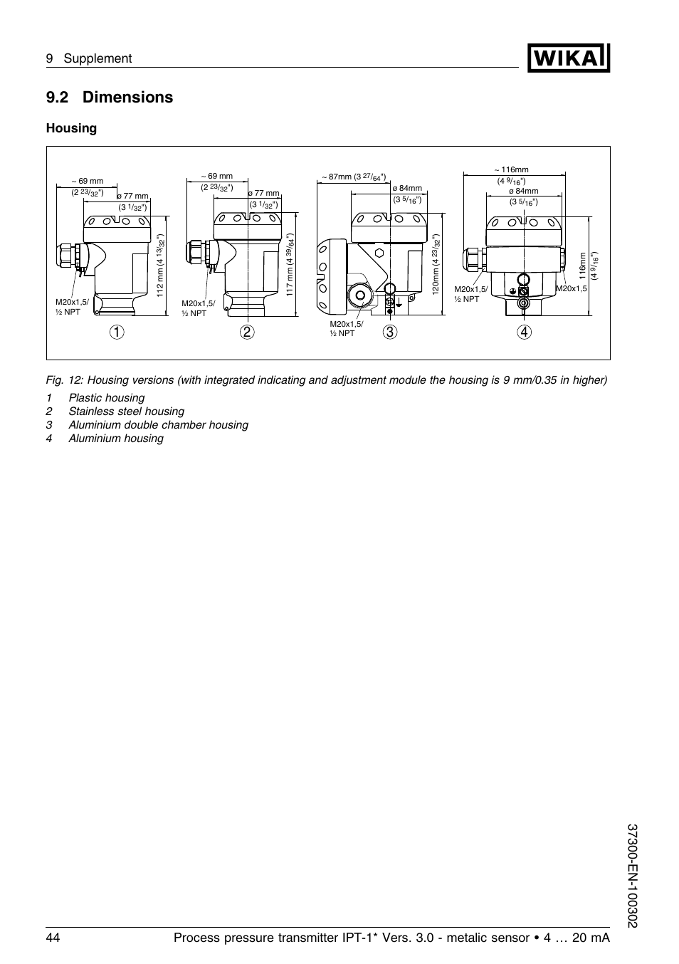 2 dimensions, Housing | WIKA IPT-11 User Manual | Page 44 / 48