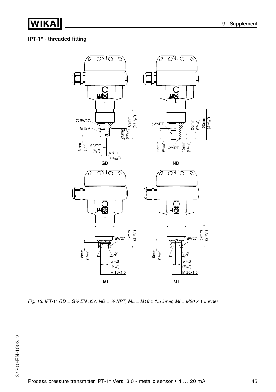 Ipt-1* - threaded ﬁtting | WIKA IPT-11 User Manual | Page 45 / 48