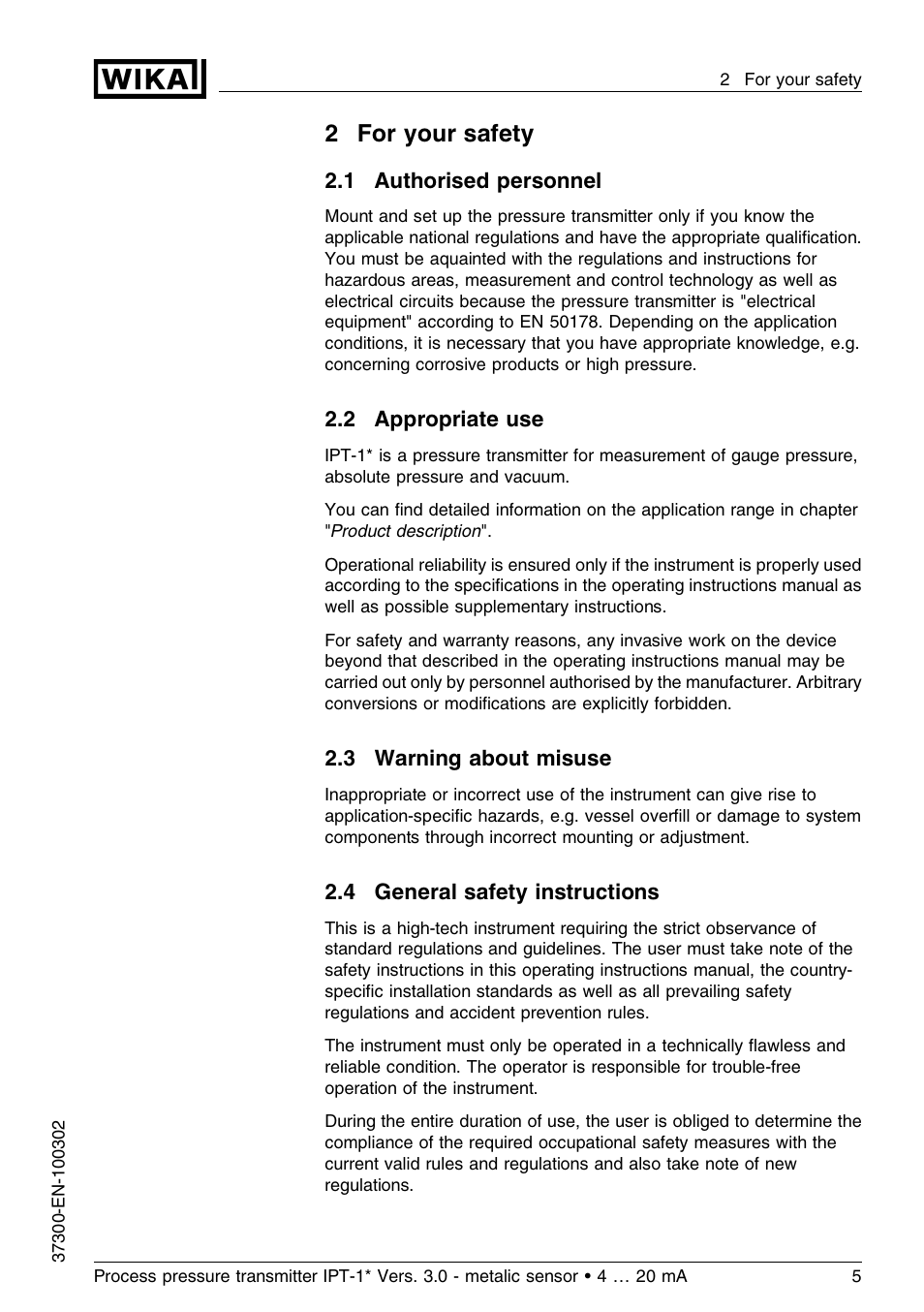 2 for your safety, 1 authorised personnel, 2 appropriate use | 3 warning about misuse, 4 general safety instructions, 2for your safety | WIKA IPT-11 User Manual | Page 5 / 48