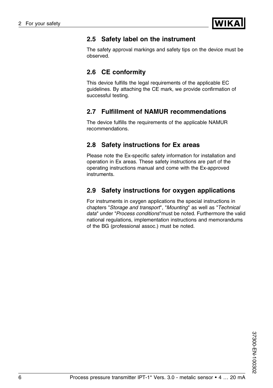 5 safety label on the instrument, 6 ce conformity, 7 fulfillment of namur recommendations | 8 safety instructions for ex areas, 9 safety instructions for oxygen applications | WIKA IPT-11 User Manual | Page 6 / 48