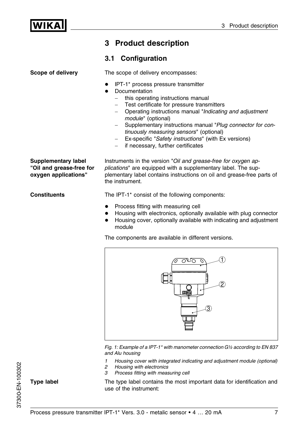 3 product description, 1 configuration, 3product description | 1 conﬁguration | WIKA IPT-11 User Manual | Page 7 / 48