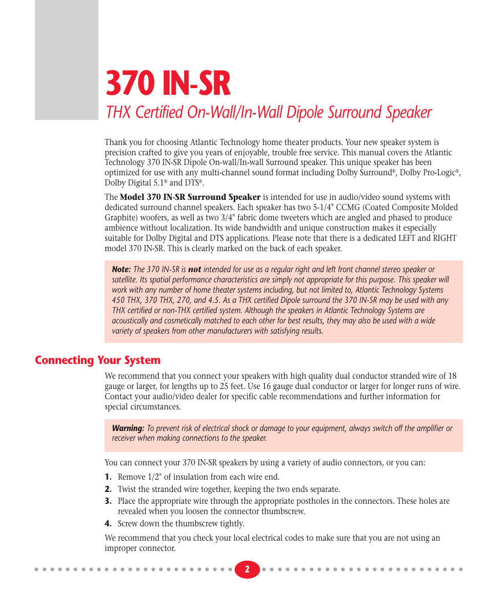 370 in-sr, Connecting your system | Atlantic Technology 370IN-SRTHX User Manual | Page 2 / 4